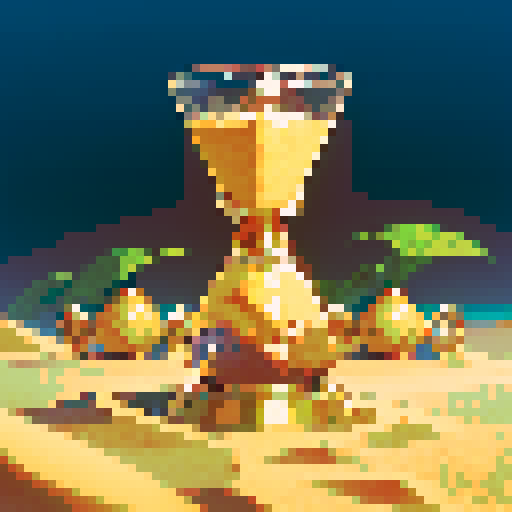hourglass, sand flowing, golden frame, pixelated, retro colors, vibrant, intricate details, transparent glass, shiny sand particles, antique design