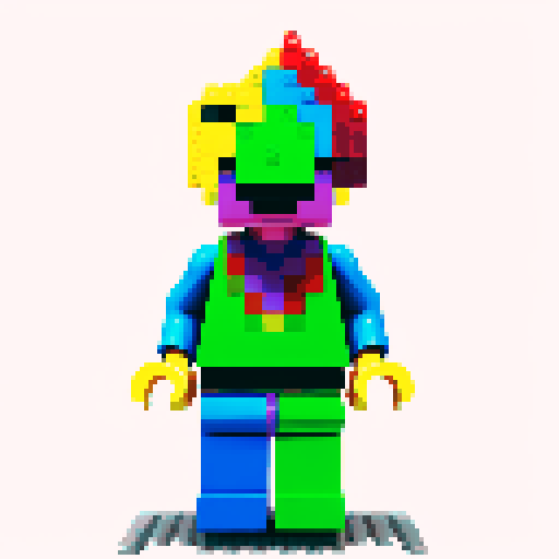 rainbow color lego pixel, vibrant colors, blocky shapes, small plastic bricks, isometric perspective, retro video game, low resolution, 8-bit graphics, sharp edges, square grid, limited color palette, nostalgic feel, brick-built characters, iconic lego logo, digital recreation, detailed textures, crisp lines, simplified forms, nostalgic gaming vibes