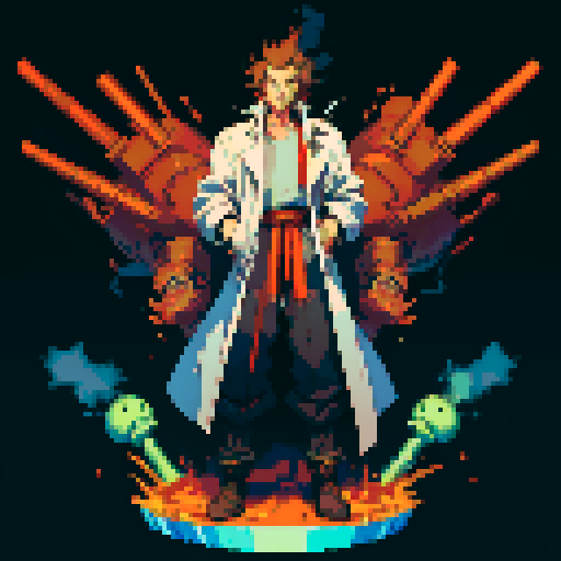 full-body image of mad scientist with a giant robot