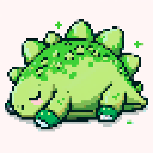 green stegosaurus, pixel art, game character, sleeping dinosaur, vibrant colors, retro-inspired, blocky design, low resolution, 8-bit graphics, square pixels, limited color palette, nostalgic vibes, peacefully snoozing