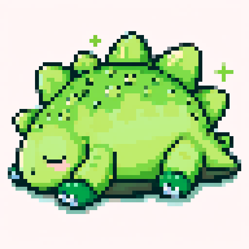 green stegosaurus, pixel art, game character, sleeping dinosaur, vibrant colors, retro-inspired, blocky design, low resolution, 8-bit graphics, square pixels, limited color palette, nostalgic vibes, peacefully snoozing