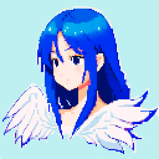 
Beautiful, ethereal angel with shimmering wings and flowing, liquid-like chrome body, rendered in minimalist pixel art with vibrant, dazzling sRGB colors