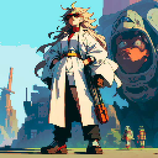 full-body image of a mad scientist with wild hair, lab coat, and goggles, who is facing to the left, giant robot towering in the background, detailed pixel art