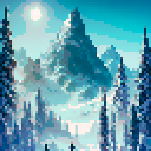 Towering skyscrapers, snow-capped mountains, a shimmering lake, and a palm tree oasis all come together in a pixel art landscape of Dubai in winter, set against a vibrant sRGB background