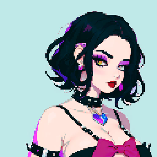 curvy, cute busty goth woman's face, whole head portrait, black hair, purple eyeshadow, red lipstick, low cut black  halter top, studded collar, vibrant sRGB colors, 