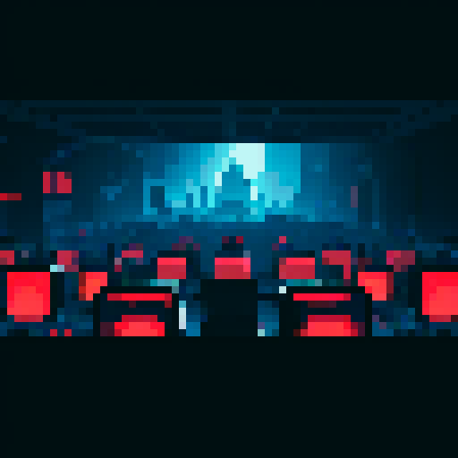 Massive computer terminal, clustered electronics towers, dark cavern, morbid scene, blinking red lights, sRGB, pixel art