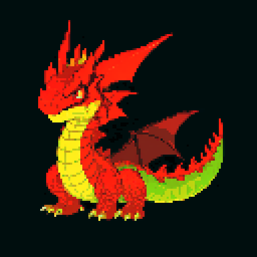 A large, intimidating dragon engulfed in flames. Its scales are a deep crimson, with glowing embers scattered across its body. It has fierce, blazing eyes and an aggressive expression, ready to unleash torrents of fire. No background.
