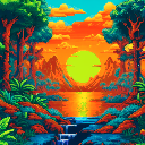 Sunset in the jungle, temple surrounded by trees, colorful bird perched on a branch, serene ambiance, vibrant pixelated landscape