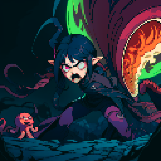 eldritch being, tentacles writhing, full body floating, brain pulsating, many eyes staring, eyeballs bulging, no humans, monsyer, sRGB pixel art