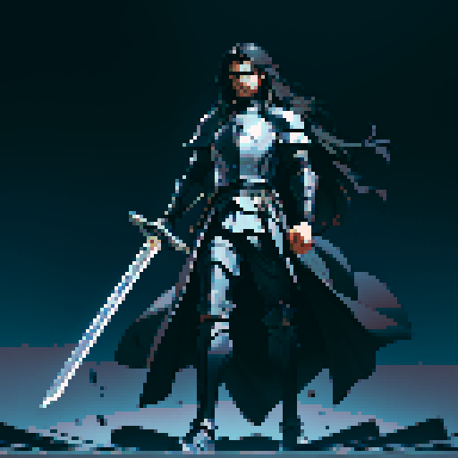 full-body image, male knight, man in black armor, giant sword, long black hair, sexy, male dark knight, giant sword, huge long sword, long hair, facing left, ready to fight, very long sword