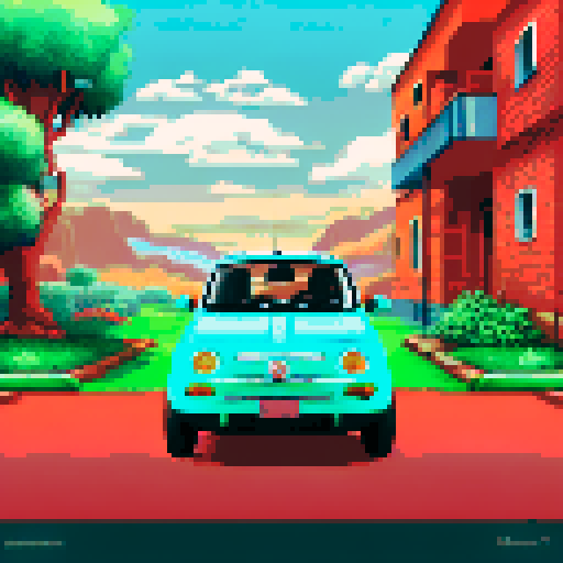 Photorealistic, centered Fiat 500 in a three quarter view, right wheel in front, clean background, pixel art style with sRGB colors