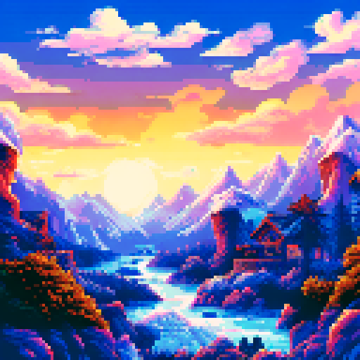 Snow-capped peaks towering over pine forests and frozen lakes, with a cozy cabin nestled in the valley, all rendered in a vibrant, pixelated art style on an sRGB background
