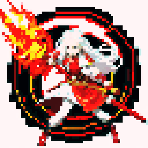 White haired Edelgard in fierce battle pose, wielding flaming axe, surrounded by swirling red and black flames, detailed pixel art, vibrant and colorful, sRGB palette