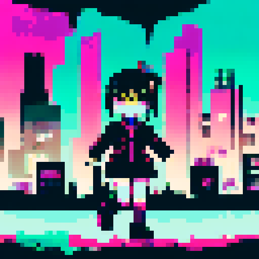 Tokyo skyline, neon lights, bustling streets, retro arcade, futuristic skyscrapers, glitch effects, glitched anime girl, pixelated cityscape, vibrant pinks and purples, cyberpunk fashion, holographic signs