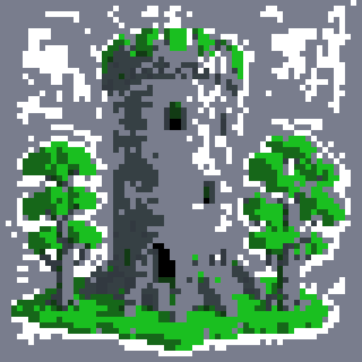 2d grey stone tower in an ancient english style. Old and crumbling but still upright. Green vines crisscross it. Usable as an asset (clear, thick lines and a white background). Put a black stroke around the composition