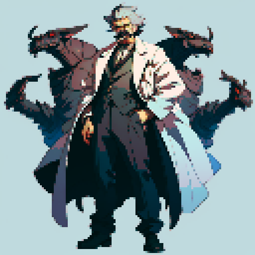 male mad scientist facing left with mustache full-body image