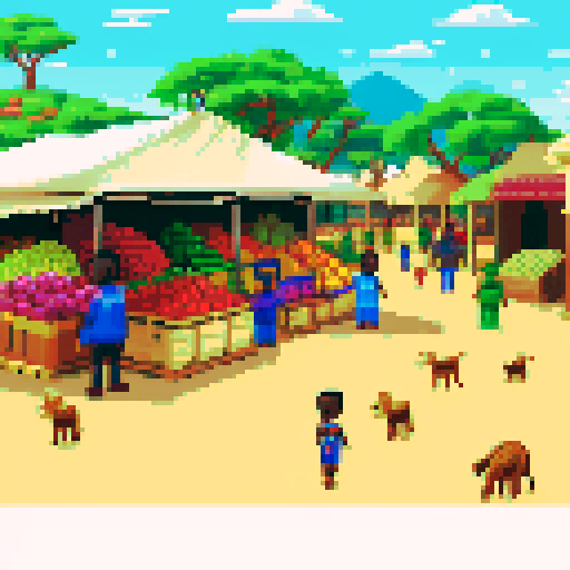 bustling African wholesale corridor, vibrant shelves, pixel art crates of food