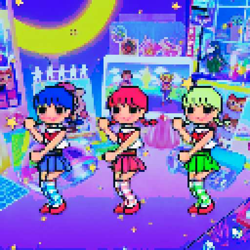 kawaii cheerleaders with pigtail hair, vibrant neon colors against a pixel art, sRGB background, surrounded by a galaxy in the sky and a meat-inspired landscape