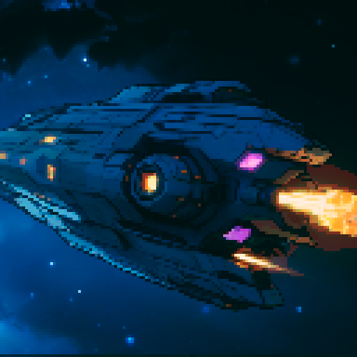 spaceship with sleek metallic exterior, glowing engine fires, starry backdrop, vibrant pixel art, sRGB colors