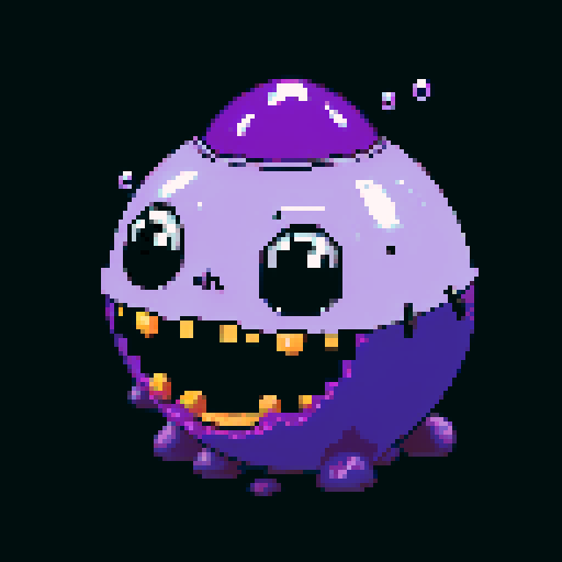 A massive, ominous slime with a dark purple hue and a noxious aura. It has glowing red eyes and a threatening expression, with toxic fumes emanating from its body. No background.
