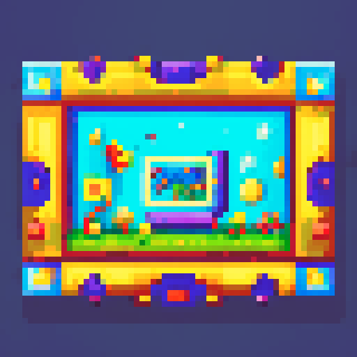 16-bit rectangular blueberry art frame, space portal inside, cute pixel art, vibrant colors, whimsical characters, dynamic motion, detailed shading, intricate patterns, nostalgic feel