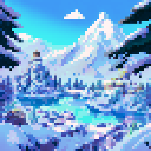 Towering skyscrapers, snow-capped mountains, a shimmering lake, and a palm tree oasis all come together in a pixel art landscape of Dubai in winter, set against a vibrant sRGB background
