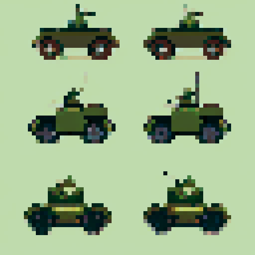 top-down pixel art sprite sheet, World War II army tank, bird's eye view, sleek olive green body, rugged tank treads, rotating turret, menacing barrel, pixel art, sRGB