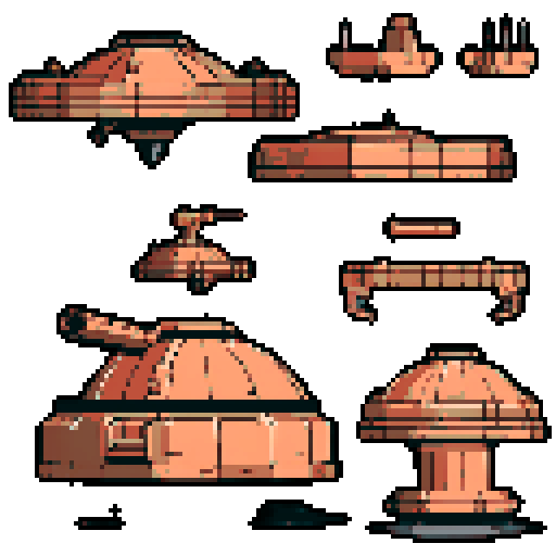 I want a copper structure reminiscent of the base of a gun turret, seen from a head on two dimensional perspective. The design should be relatively simple. I also want this object usable as an asset in a videogame, meaning only one object per image, outlined with a strong black stroke, on a solid-color background.