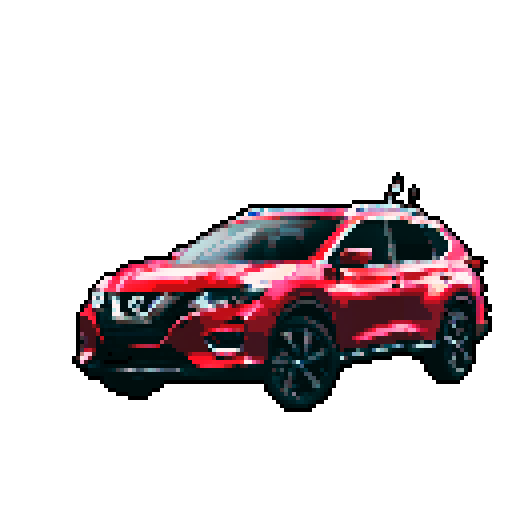 Photorealistic whole Nissan Rogue, three-quarter view, right front wheel, clean background, sRGB colors, pixel art style
