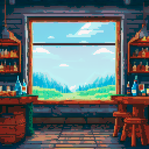 Cozy, warm, rustic tavern with wooden beams, flickering fireplace, colorful stained glass windows, shelves lined with bottles of various potions, whimsical fairy lights hanging from the rafters, cozy nooks with plush velvet cushions, stone walls adorned with intricate tapestries, a bard strumming a lute, a friendly bartender pouring frothy mugs of ale, and a view of a serene, moonlit countryside through the tavern's window, sRGB, pixel art, background, landscape