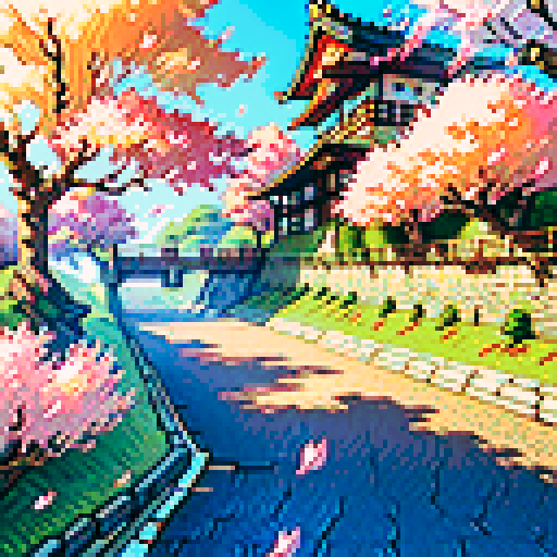 scroll, ancient, weathered, intricate, illuminated, vibrant colors, pixelated, ornate, detailed, calligraphy, mythical creatures, dragons, phoenixes, cherry blossoms, flowing patterns, gold accents, Japanese-inspired, sRGB, pixel art
