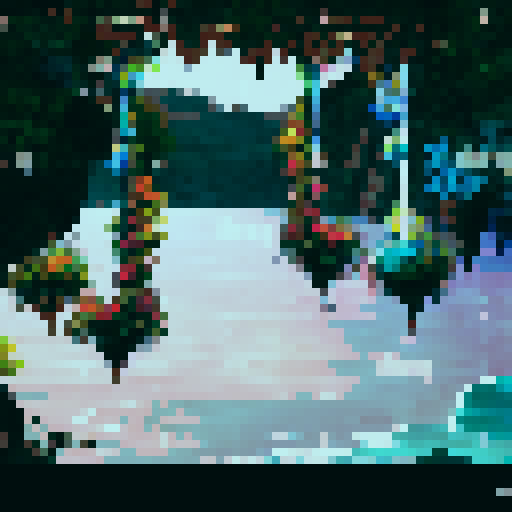 a vibrant chuppah with intricate floral patterns in shades of blue and white, surrounded by lush greenery and delicate hanging lights, against a backdrop of deep blue ocean waves fading into a midnight sky