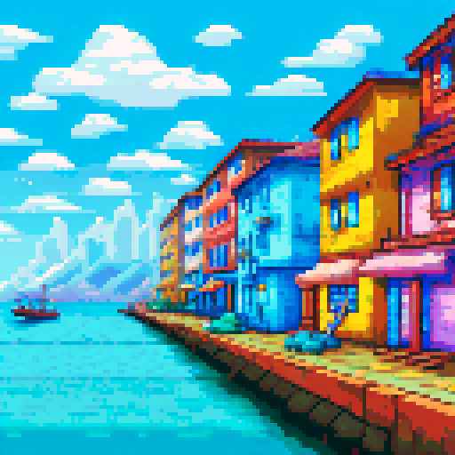 Island port town with bustling fish markets, narrow cobblestone streets, and quaint two-story homes pixel art with a focus on the vibrant ocean backdrop and bustling market activity. Make sure its a usable tile set that I can prepare to perfect and finetune to use in my upcoming rpg game.
