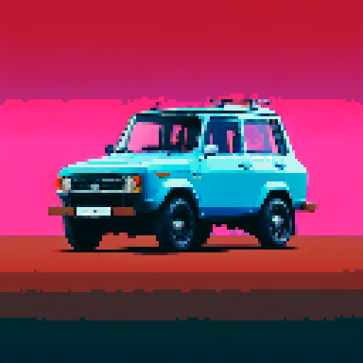 Photorealistic, centered Lada Niva in a three quarter view, right wheel in front, clean background, pixel art style with sRGB colors
