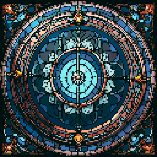 I want a beautiful circular stained glass window framed in copper with rivets around the edge. I want this object usable an asset in a videogame, meaning only one object per image, outlined with a strong black stroke, on a solid-color background.