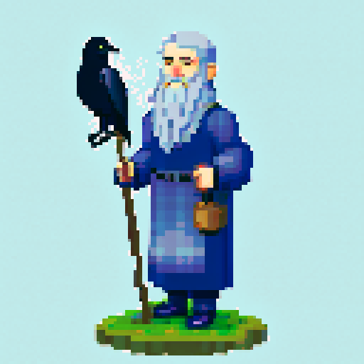 old raven-like druid with grey beard, with staff in hand