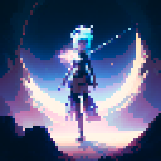 Blue-haired anime girl, standing on a crescent moon with a sword in hand and bikini armor, surrounded by twinkling stars in a fantasy RPG-inspired style