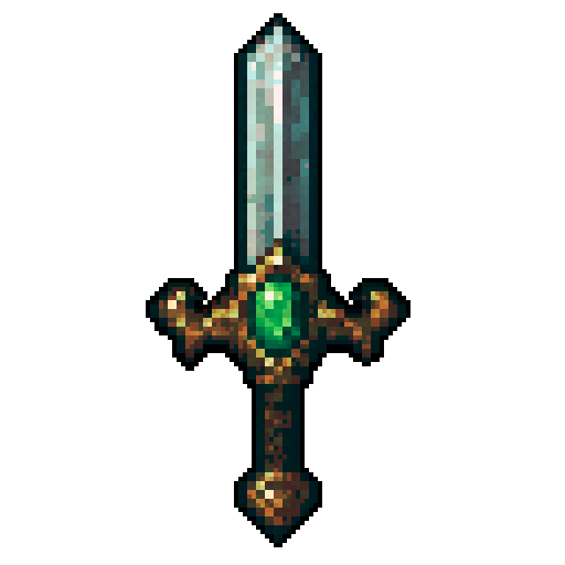 sword with embedded emerald, wooden handle, shimmering green gem, intricate detailing, medieval fantasy, sRGB, pixel art