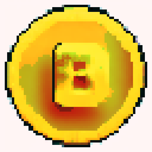 Pixelated gold retro game coin, sparkling and shimmering, surrounded by vibrant 8-bit flowers and trees, set against a nostalgic sRGB pixel art background depicting a serene and captivating landscape