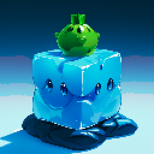 Blue Slime cube, Gelatinous cube, wearing crown, giant Slime, boss fight