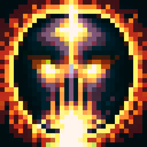 Warlock casting a fiery spell with glowing eyes and intricate runes, depicted in a pixel art close-up portrait with a dark, ominous background for a game icon.