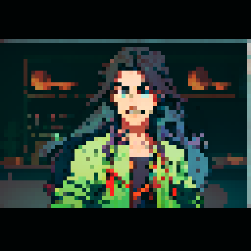 handsome man, long hair, grinning, vibrant colors, pixel art, sRGB, stylized details, expressive eyes