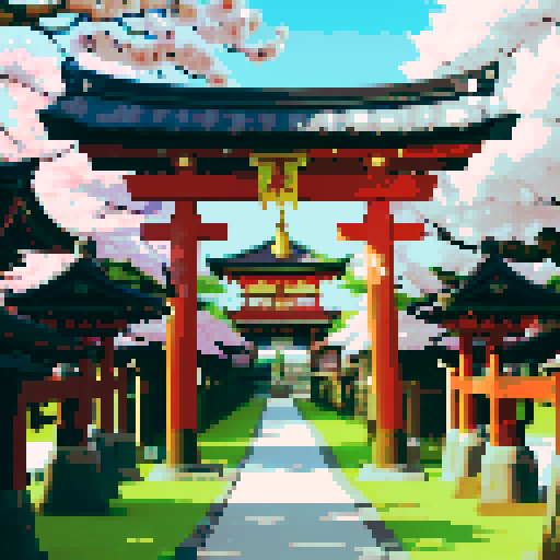 golden shinto shrine, torii gate, vibrant cherry blossom trees, lanterns glowing, traditional architecture, intricate details, large shimmering golden chest in background, pixel art, sRGB