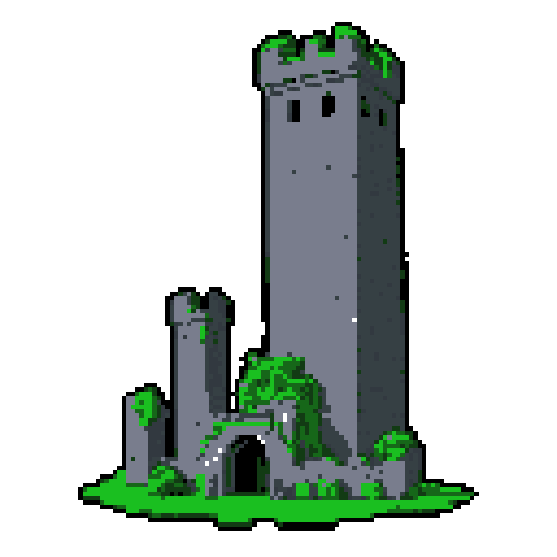 2d grey stone tower in an ancient english style. Old and crumbling but still upright. Green vines crisscross it. Usable as an asset (clear, thick lines and a white background). Put a black stroke around the composition