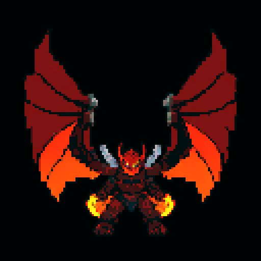 A fearsome, heavily armored demon with flames flickering around its body, massive wings, and glowing red eyes. It wields a fiery sword and has a menacing expression, ready to lead an army into battle. No background.
