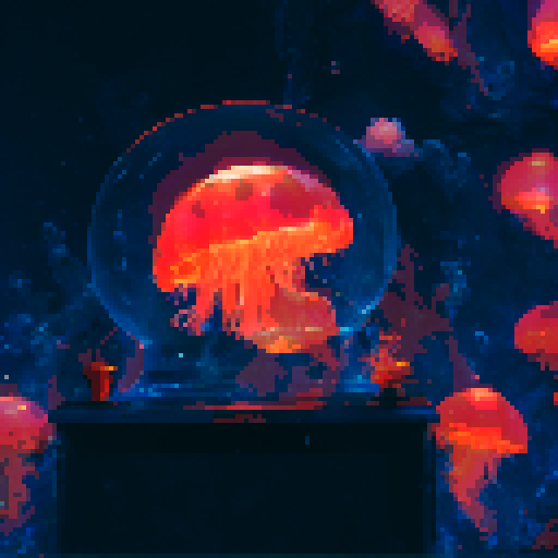 Jellyfish glowing with ethereal light, floating gracefully amidst a vibrant underwater kingdom, adorned with intricate, iridescent armor, surrounded by mesmerizing spells and magical creatures