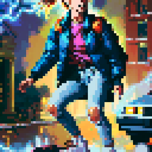 8-bit style portrait with vibrant, retro colors, showcasing a pixelated character in a dynamic pose against a black background, reminiscent of classic video games