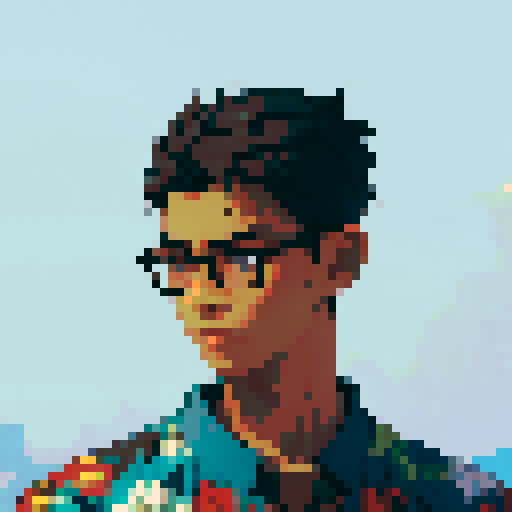 Southeast Asian man, short curly hair, round glasses, tanned