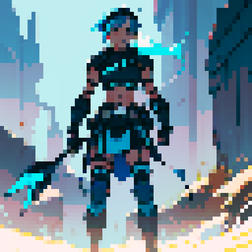 athletic female, exuding strength and agility. shoulder-length Midnight Blue hair, streaked with Royal Blue highlights. armor is a sleek combination of Dark Slate Blue and Neon Cyan, Steel Gray accents cover her gauntlets and shin guards, Charcoal Black underlayer. glowing Gold artifact on chest and Blue visor. utility belt, in Dark Gray with Neon Purple details, and black boots with Cyan highlights