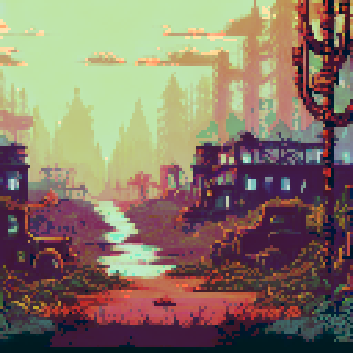 post-apocalyptic factory, hidden in the woods, abandoned machinery, rusted pipes, overgrown vines, decaying buildings, shattered windows, eerie silence, nature reclaiming, vibrant pixelated colors, sRGB palette, atmospheric landscape